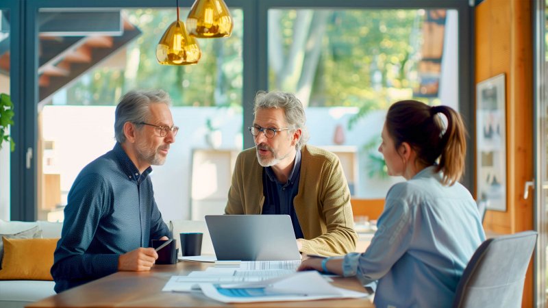 Drei Personen diskutieren am Tisch mit Laptop