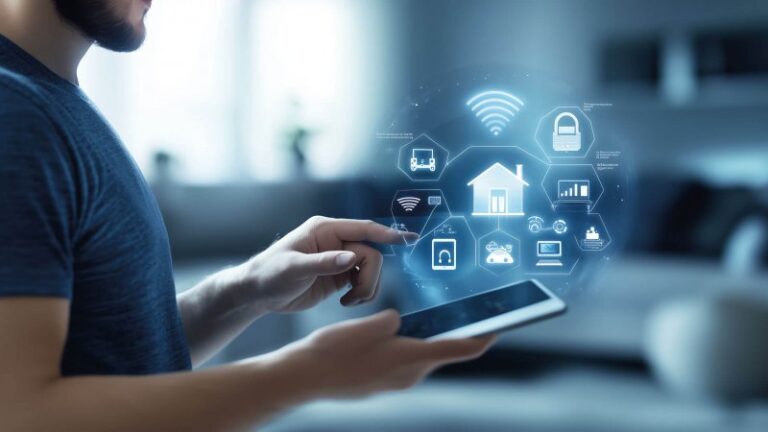 Person bedient Tablet mit Smart Home Sicherheits-Icons