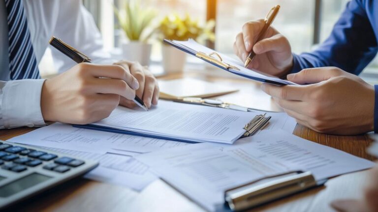 Zwei Personen unterzeichnen Hypothekenverträge am Schreibtisch