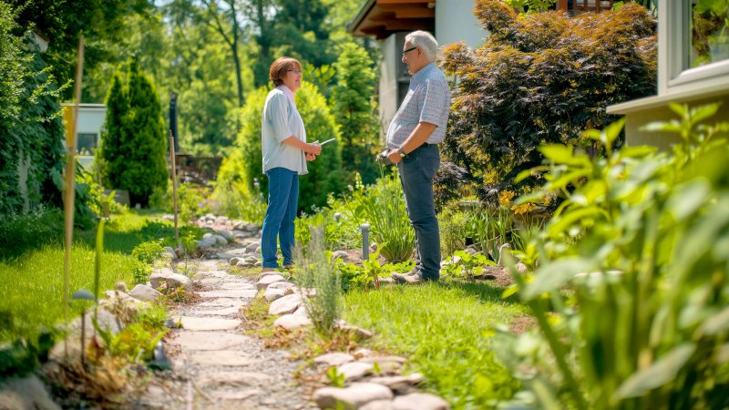 Zwei Personen im Gespräch in einem Garten