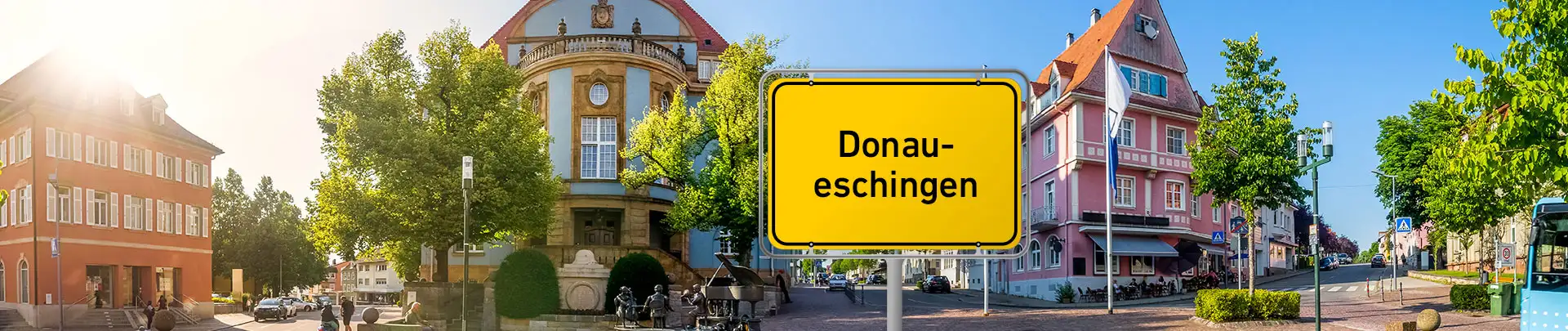 Stadtbild von Donaueschingen mit Ortsschild