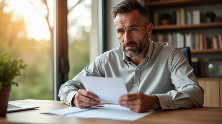 Makler liest Dokument am Schreibtisch bei Sonnenuntergang