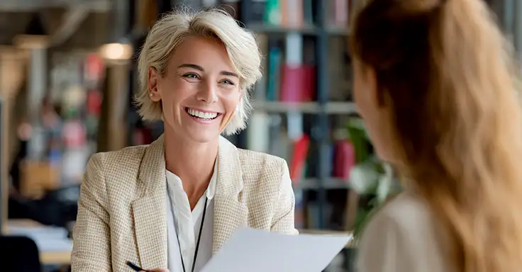Lächelnde Frau im Gespräch mit einer anderen Person