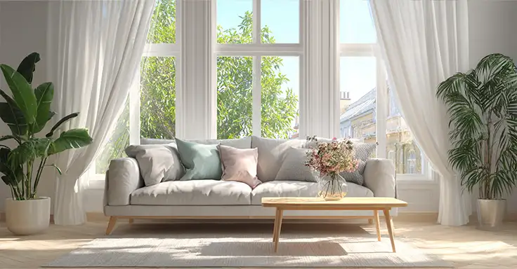 Helles Wohnzimmer mit grauem Sofa und großen Fenstern