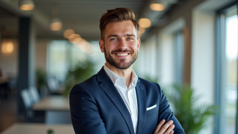 Lächelnder Mann im Anzug in modernem Büro