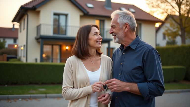 Älteres Paar vor einem modernen Haus bei Sonnenuntergang