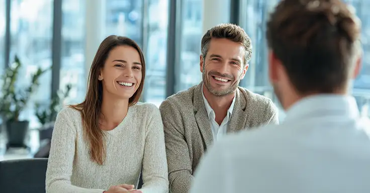 Lächelndes Paar bei Beratungsgespräch mit Makler