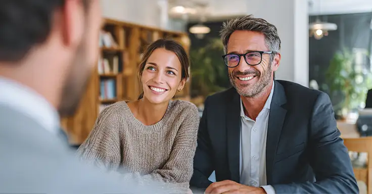Lächelndes Paar bei Immobilienberatung im Büro