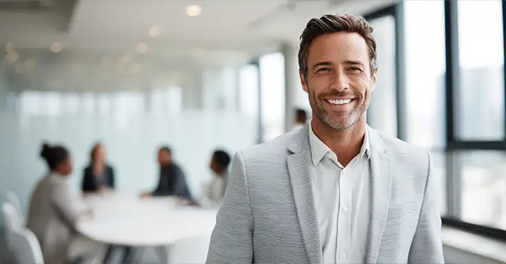 Lächelnder Mann im Anzug in einem modernen Büro