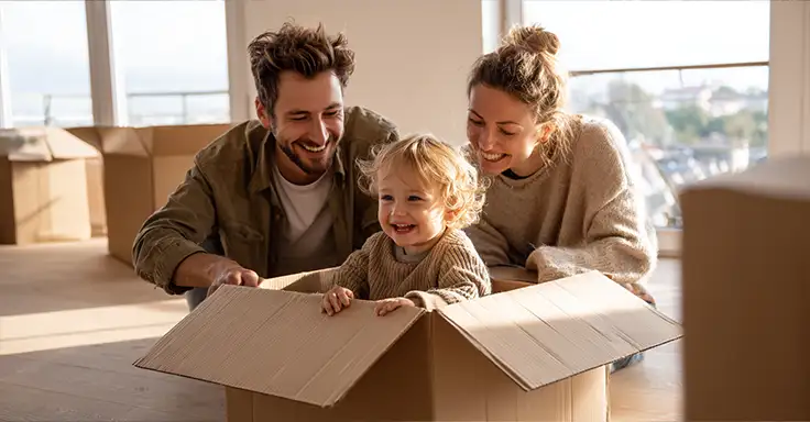 Lächelnde Familie mit Kind in einem Karton im neuen Haus