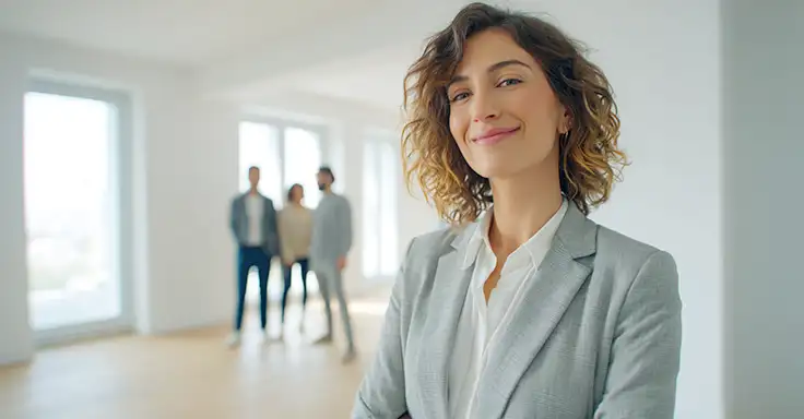 Frau in leerem Raum mit drei Personen im Hintergrund