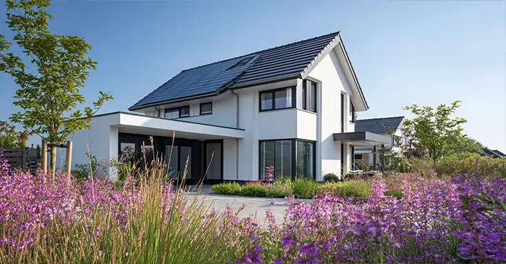 Modernes Einfamilienhaus mit Garten und Blumen