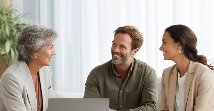 Drei Personen im Gespräch über Immobilienoptionen