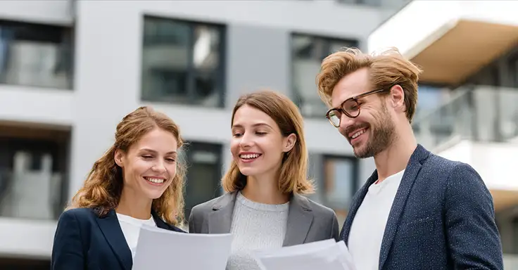 Drei Personen besprechen Immobilienunterlagen