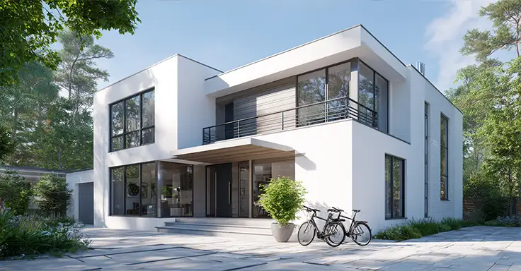 Modernes zweistöckiges Haus mit großen Fenstern
