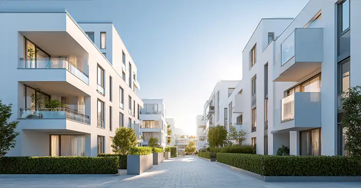 Moderne Wohngebäude mit Balkonen und Gehweg